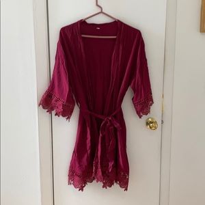 Cranberry Colored Cotton and Lace Robe